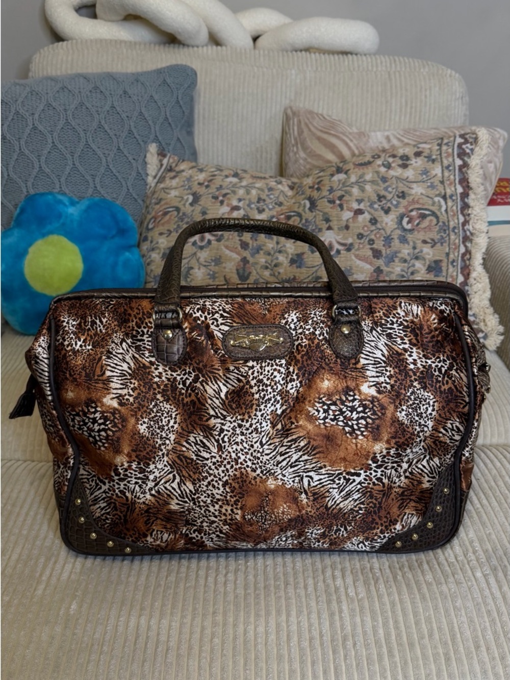 Kathy Van Zeeland Early 2000s Brown Animal Print Travel Tote Carry-On Duffle Bag